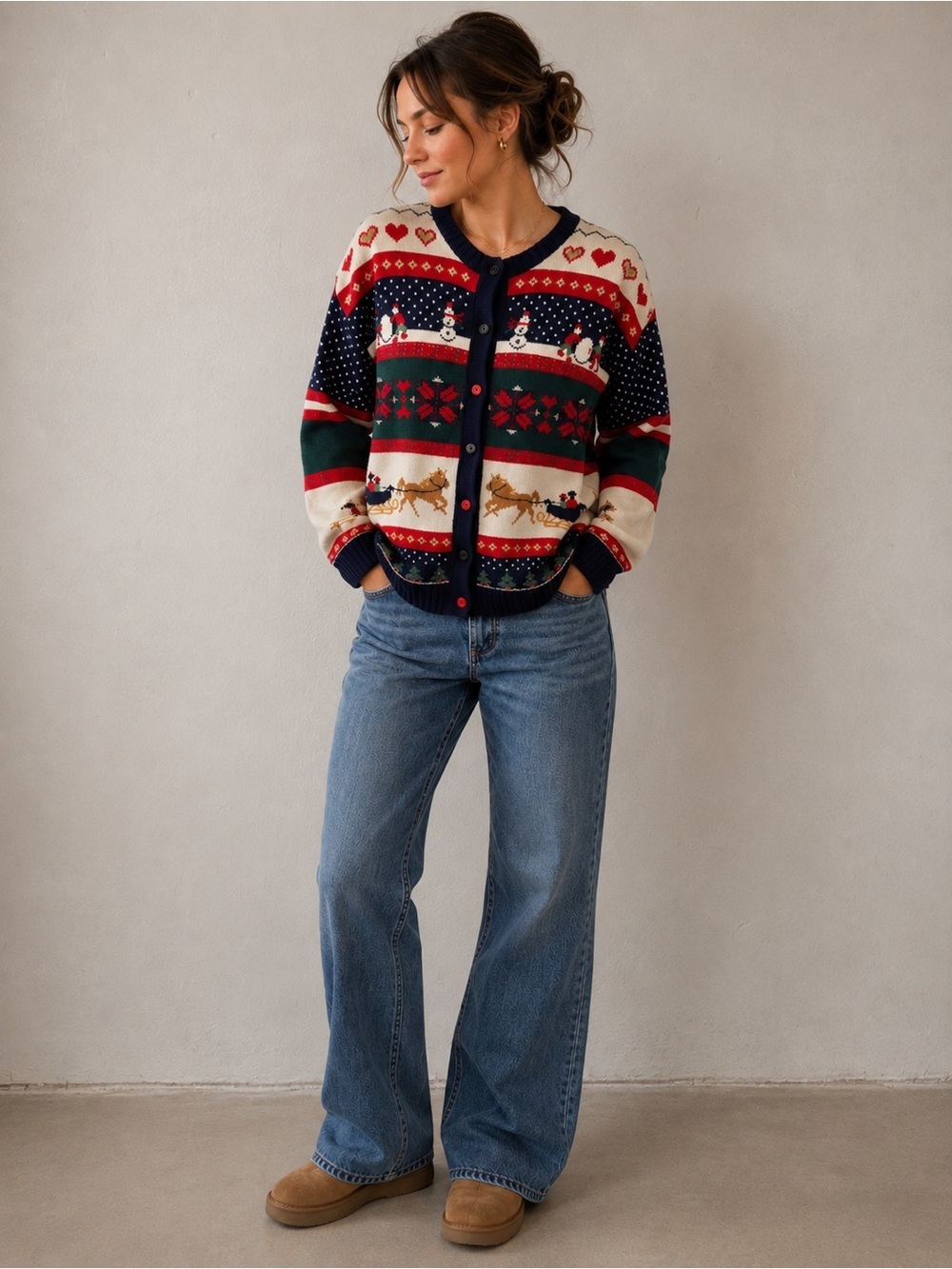 Vintage Willow Ridge Christmas Cardigan Horse Snowman Knit Wool Sweater Small